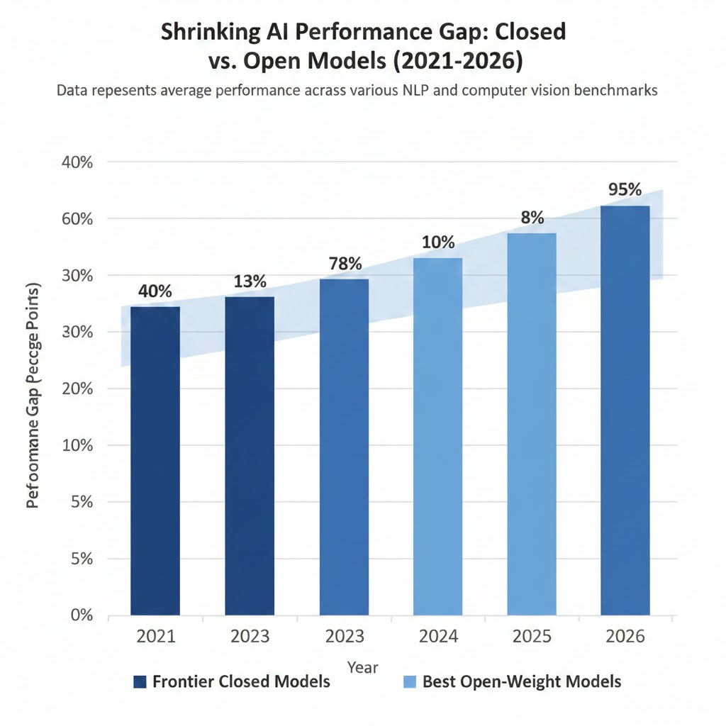 Chart showing shrinking performance gap between frontier closed models and best open-weight models, 2021 to 2026