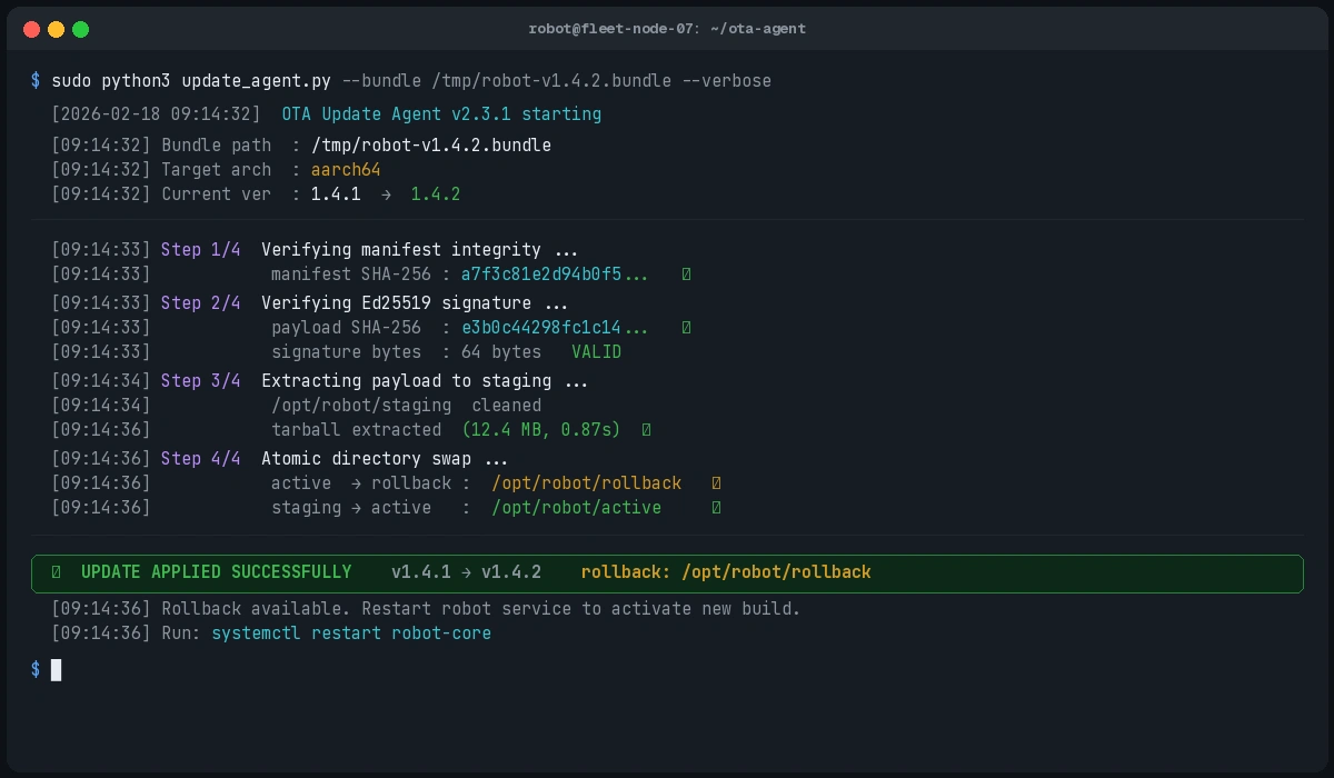 Terminal output showing successful update verification and apply