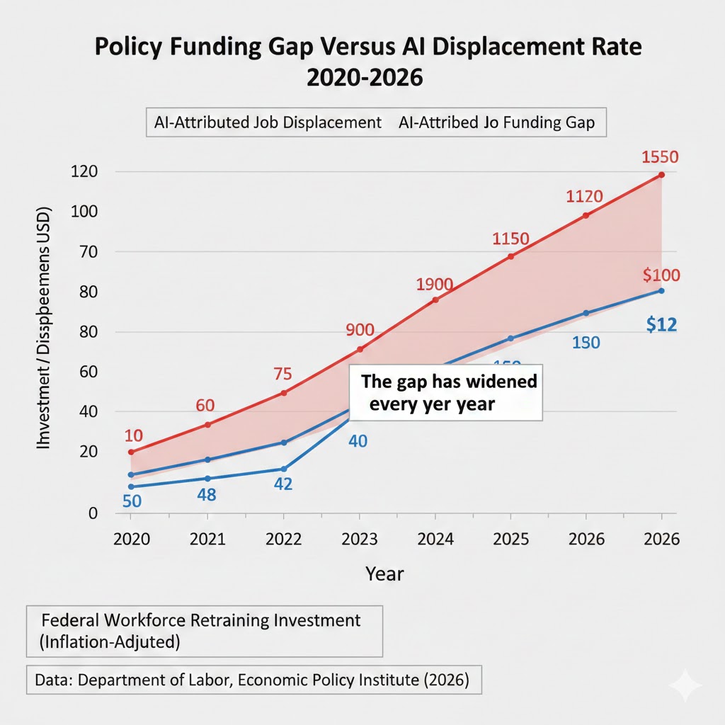 Policy funding gap versus AI displacement rate 2020-2026