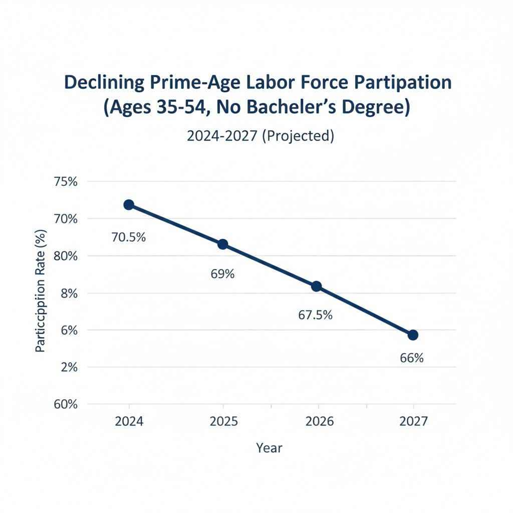 Line chart showing prime-age labor force participation rate for workers 35-54 without bachelor's degree declining from 2024 to projected 2027