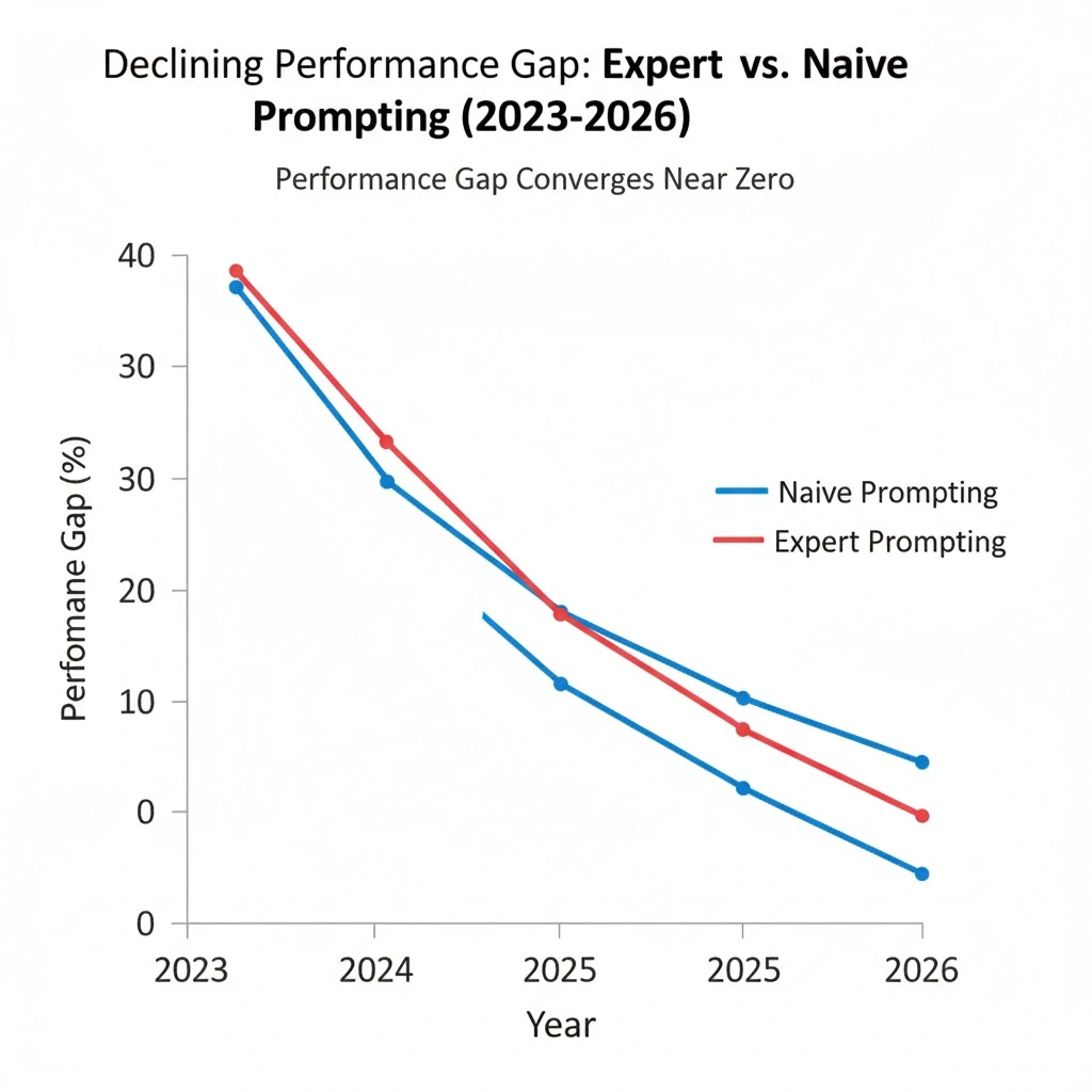 Line chart showing declining performance gap between expert and naive prompting from 2023 to 2026, converging near zero