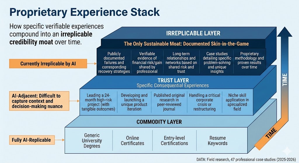 Diagram showing the Proprietary Experience Stack: how specific verifiable experiences compound into an irreplicable credibility moat over time