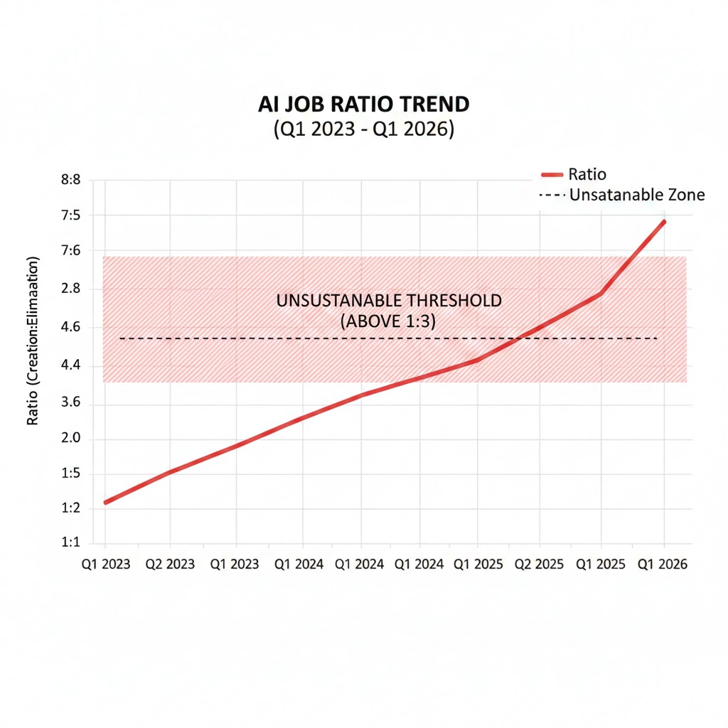 Line chart showing the ratio of AI-related job creation to AI-displaced job elimination from Q1 2023 to Q1 2026, with the ratio rising from 1:1.4 in early 2023 to 1:7.3 in Q1 2026, with a shaded zone marking the unsustainable threshold above 1:3