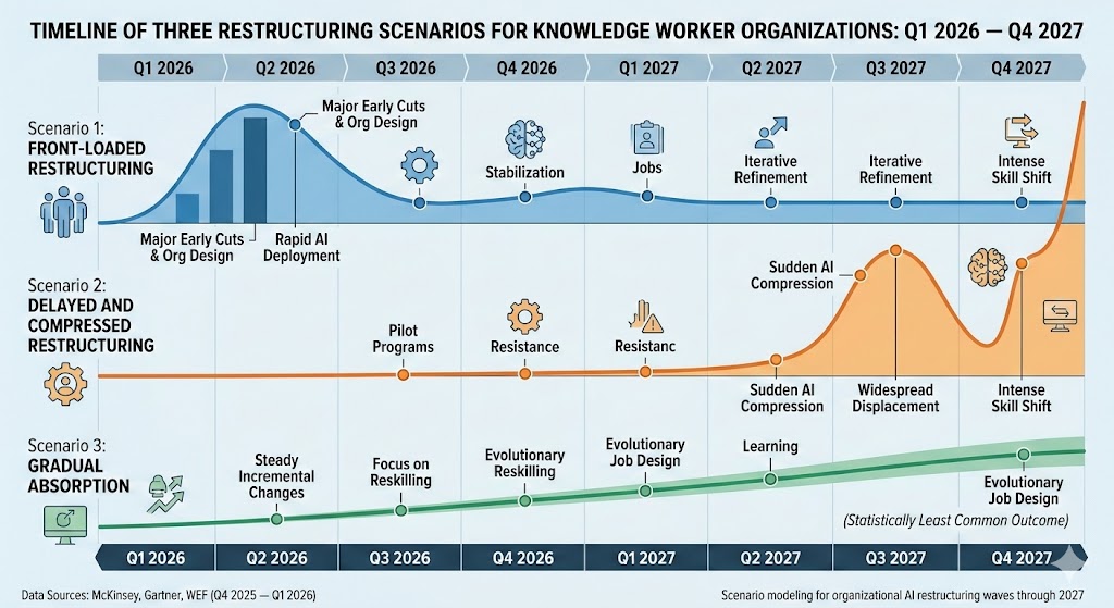 Timeline showing three restructuring scenarios for knowledge worker organizations from Q1 2026 through Q4 2027