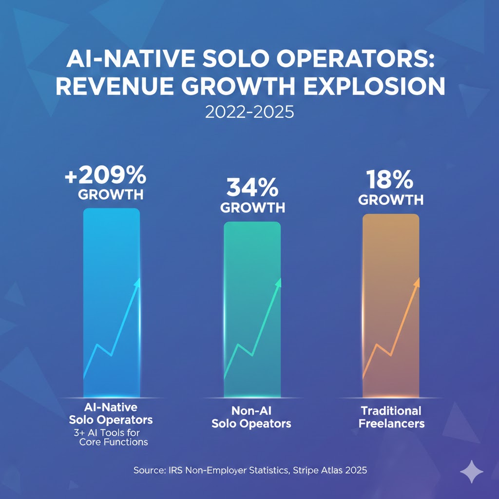 Bar chart comparing median annual revenue of AI-native solo operators vs non-AI solo operators vs traditional freelancers from 2022 to 2025, showing 209% growth in AI-native category