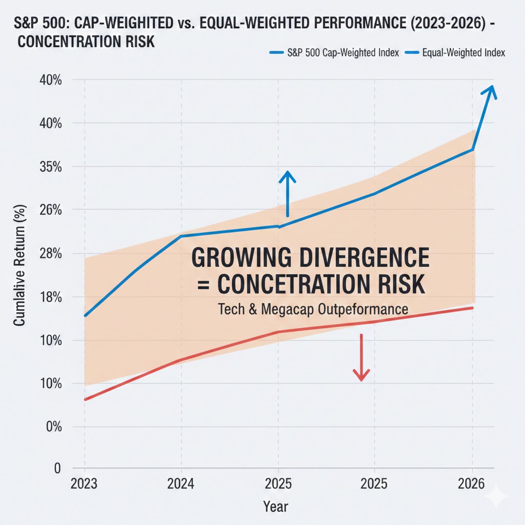 Divergence chart showing S&P 500 cap-weighted index vs equal-weighted index performance, 2023-2026, highlighting concentration risk