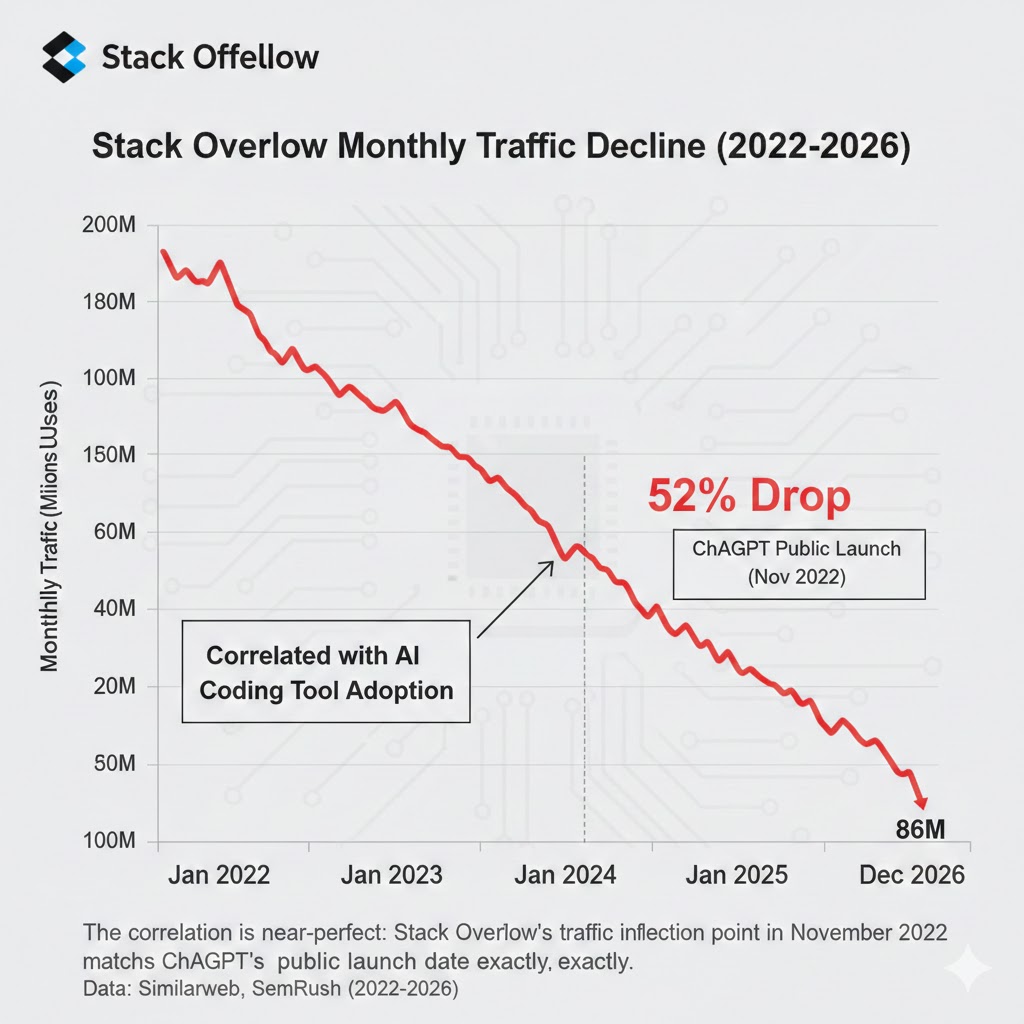Stack Overflow monthly traffic decline chart 2022-2026 showing 52% drop correlated with AI coding tool adoption
