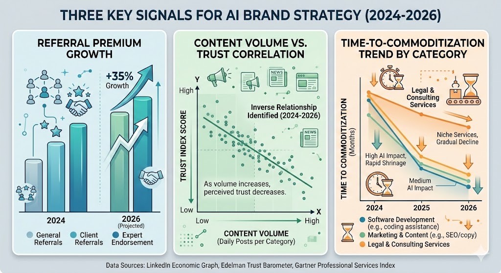 Three-panel data visualization: Referral premium growth, content volume vs. trust correlation, and time-to-commoditization trend by professional category (2024-2026)