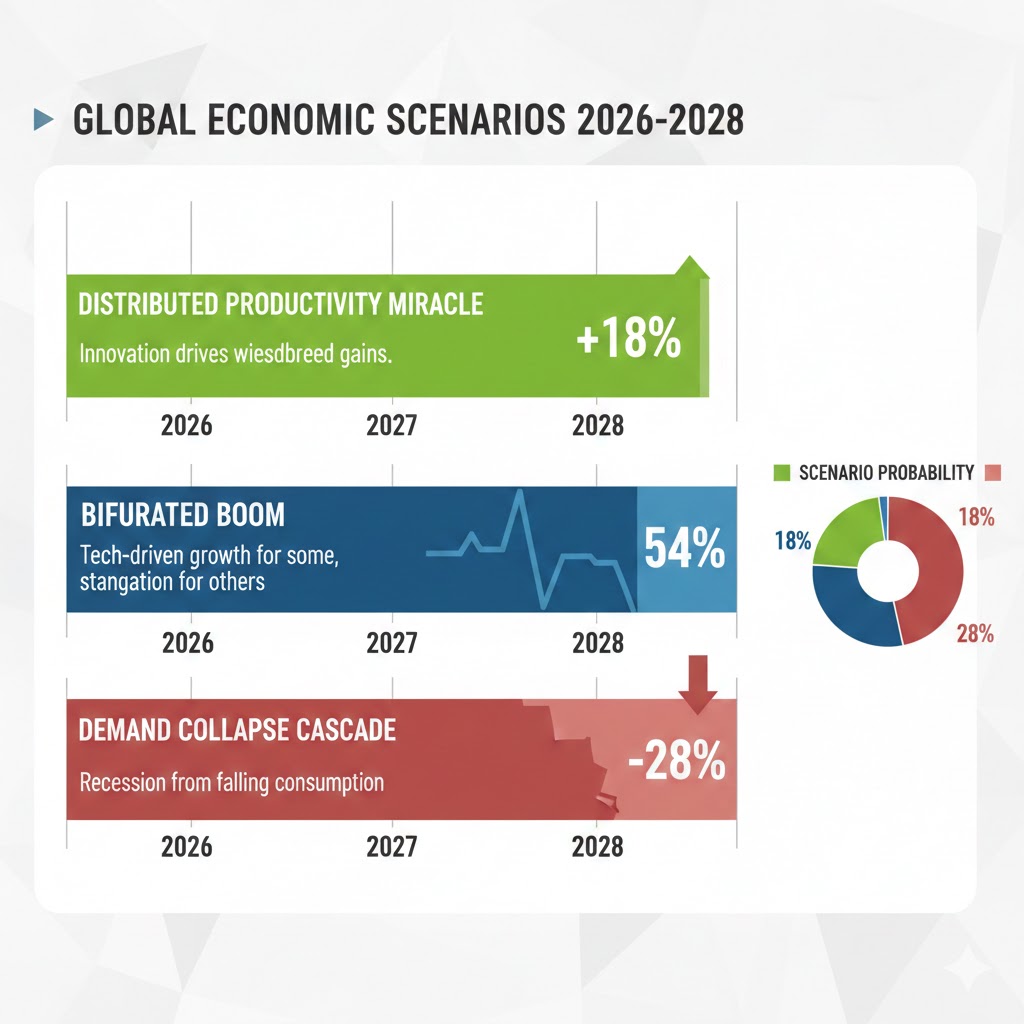 Timeline chart showing three economic scenarios for 2026-2028: Distributed Productivity Miracle at 18%, Bifurcated Boom at 54%, and Demand Collapse Cascade at 28%