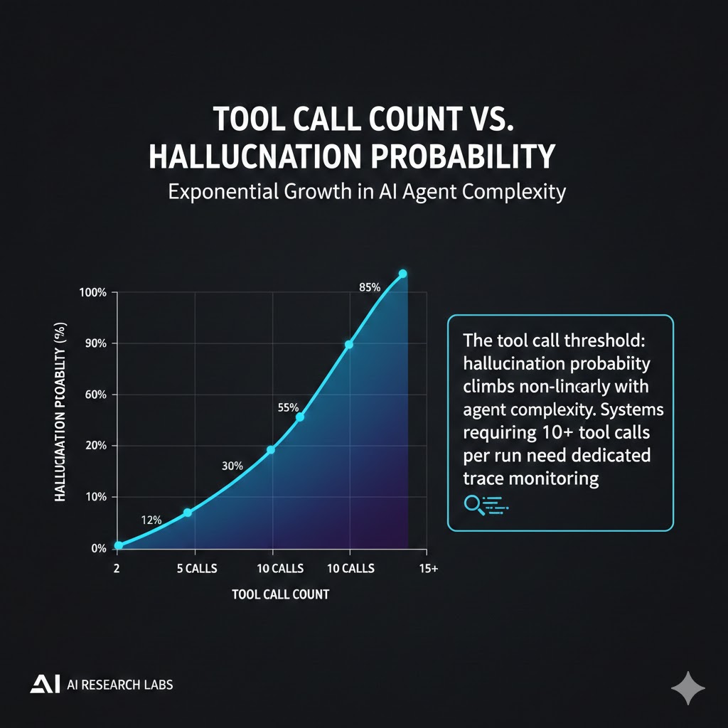 Tool call count vs hallucination probability curve showing exponential growth from 12% at 2 calls to 85% at 15+ calls