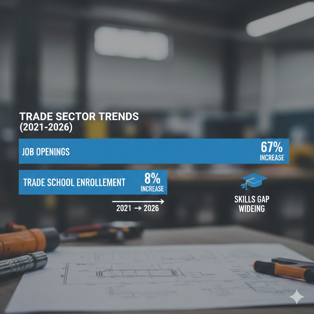 Bar chart showing trade job openings rising 67% from 2021 to 2026 while trade school enrollment grew only 8% over the same period