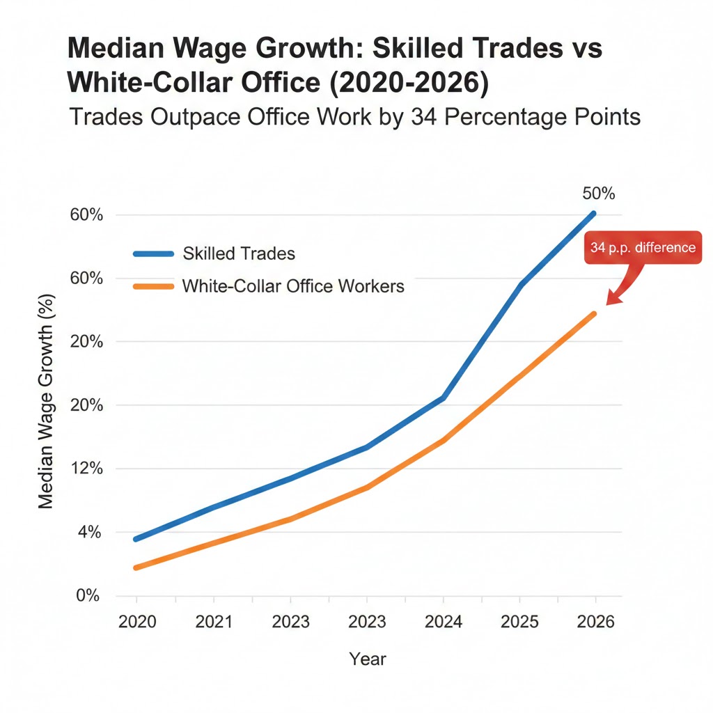 Line chart comparing median wage growth for skilled trades versus white-collar office workers from 2020 to 2026, showing trades outpacing office work by 34 percentage points