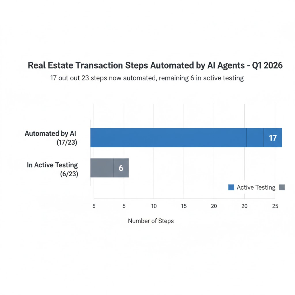 Bar chart showing 17 of 23 real estate transaction steps now automated by AI agents as of Q1 2026, with remaining 6 steps in active testing
