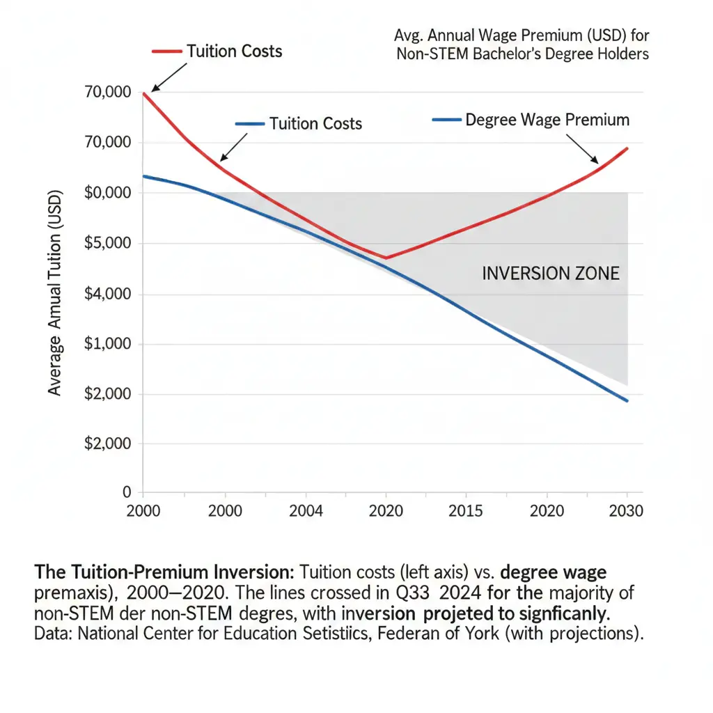 Dual-axis chart showing tuition costs rising while degree wage premium falls, with lines crossing in 2024 creating an inversion zone