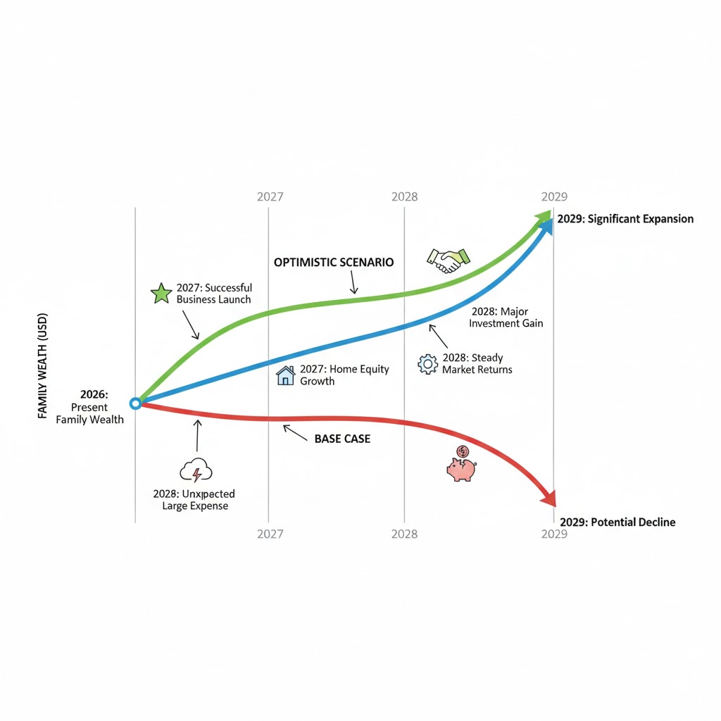 Three-path timeline chart showing optimistic, base case, and bearish scenarios for family wealth from 2026 to 2029 with key trigger events marked