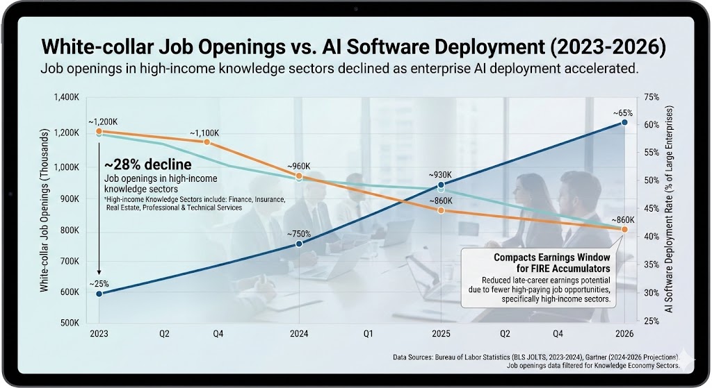 White collar job openings versus AI software deployment rate 2023-2026