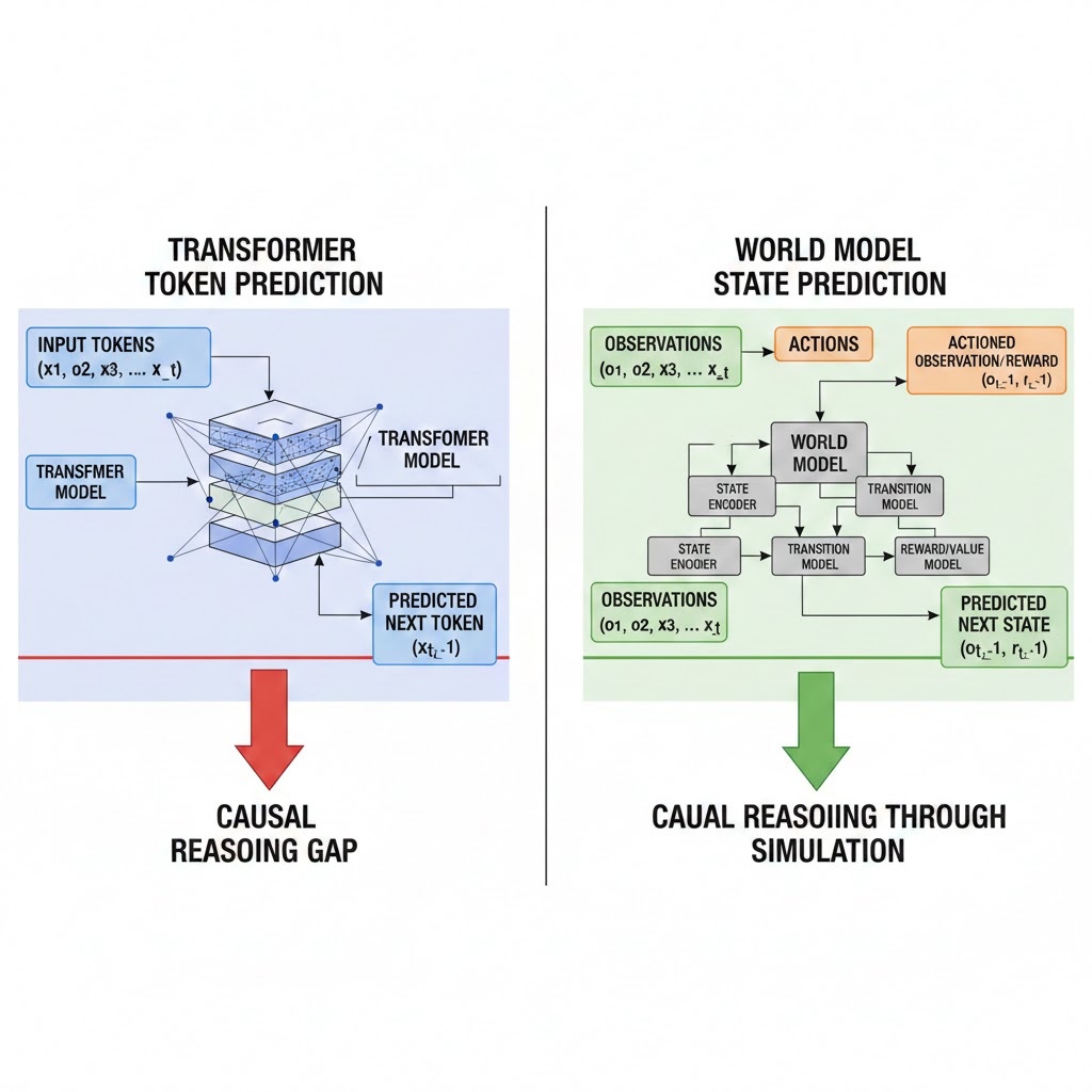 Diagram comparing transformer token prediction architecture versus world model state prediction architecture, showing causal reasoning gap